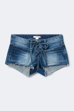 14+ low tie denim shorts